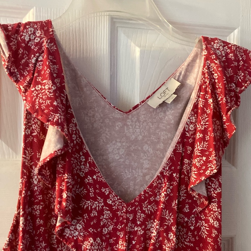 LOFT Red Floral Ruffle Dress